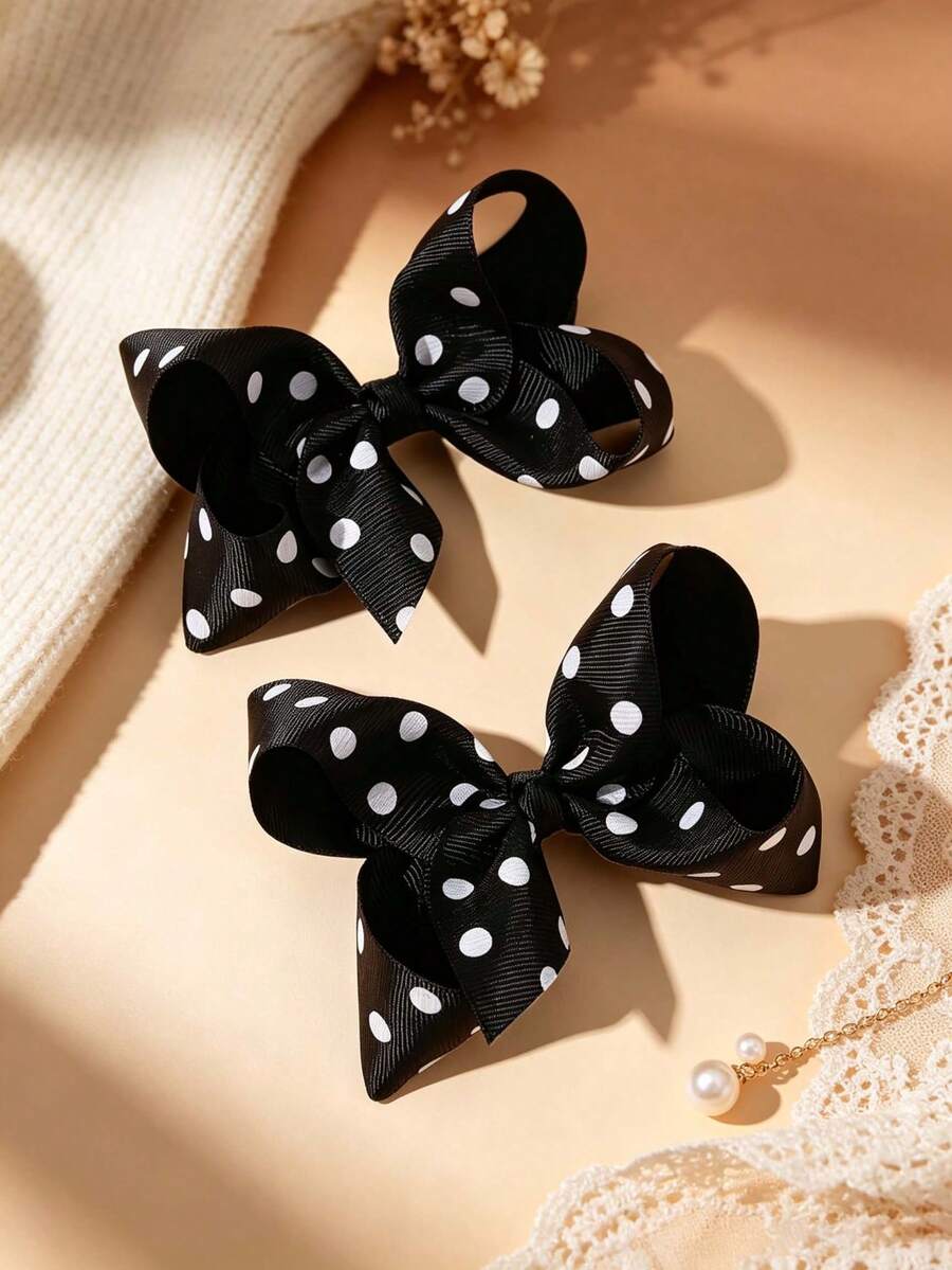 2pcs Black White Polka Dot Ribbed Ribbon Hair Bows For Girls Classic Dot Decor Alligator Clips Sweet Daily Back To School Hair Clips Teens Hair Accessories - Multicolor - View 1