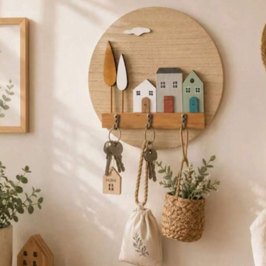 1pc Wooden Key Holder Wall Decor, Handmade Assembled Craft, Cute 2D House Tree Cloud Pattern, Round Wall Mounted With Metal Hooks, All Season, For Entryway Hallway Home Wall Key Storage Ornament - Multicolor - View 1