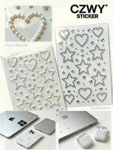 1pc/1set Pearl & Rhinestone Combination Decorative Stickers, Comes With Exclusive Tweezers, Heart & Star Shapes, 3D Embossed Texture, Self-Adhesive Backing, Decoration Patches For Phone, Earphones, Laptop, - Heart and Star - View 1