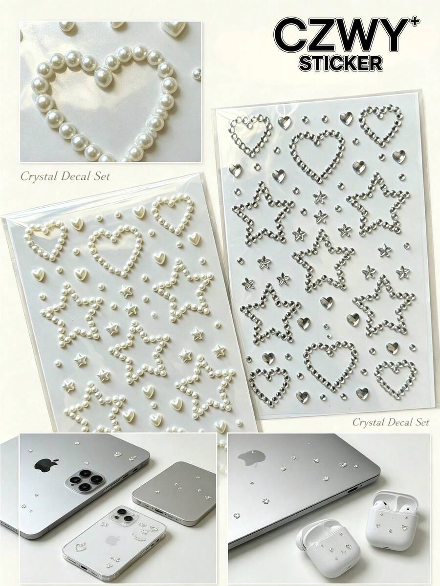 1pc/1set Pearl & Rhinestone Combination Decorative Stickers, Comes With Exclusive Tweezers, Heart & Star Shapes, 3D Embossed Texture, Self-Adhesive Backing, Decoration Patches For Phone, Earphones, Laptop, - Heart and Star - View 1