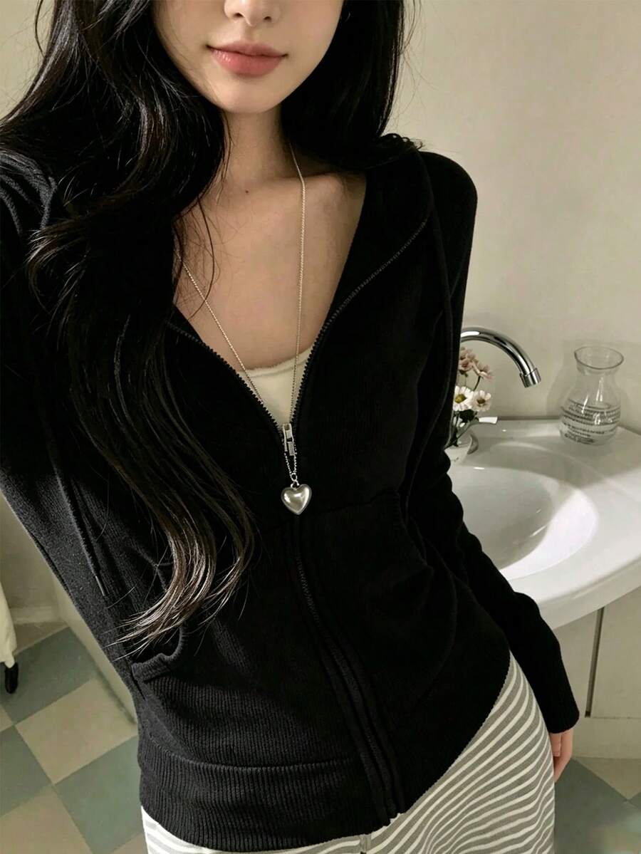 YCYC 小眾修身百搭休閒拉鍊連帽運動短版夾克外套 女款 - 黑色 - 查看 1