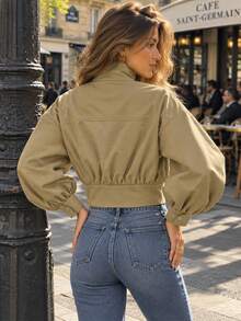 Khaki Belted Cropped Utility Jacket - Khaki - View 3