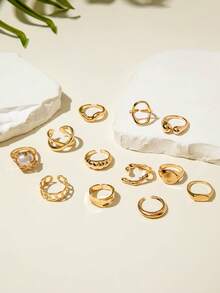 imoli 12pcs/Set Vintage INS Baroque Faux Pearl Stackable Asymmetrical Geometric Line Metal Ring Set, Knuckle Rings, Multi-Layer Finger Rings, Suitable For Women's Daily Wear, Party Jewelry Gift - 29459-ring-g-eP - View 5