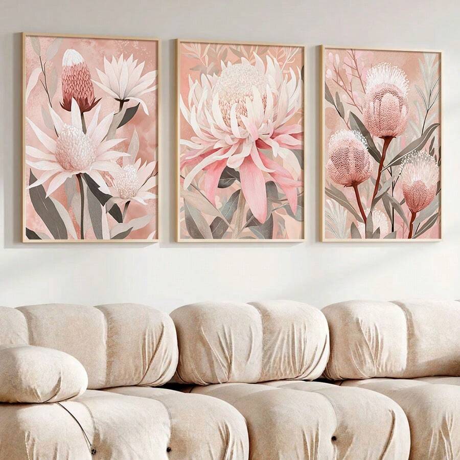 3Pcs Pink Protea Flower Canvas Wall Art, Soft Blush Australian Native Floral Prints, Neutral Boho Botanical Poster For Living Room, Bedroom, Kitchen, Home Decoration, Posters & Prints, Frameless - 391 - View 1