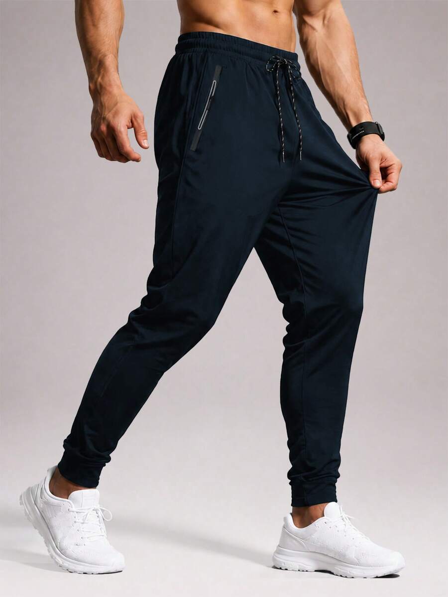 CZRLHYT Celana Jogger Outdoor Longgar Warna Polos Pria dengan Kantong Resleting, Serbaguna untuk Semua Musim dan Pemakaian Sehari-hari - Navy Blue - View 1