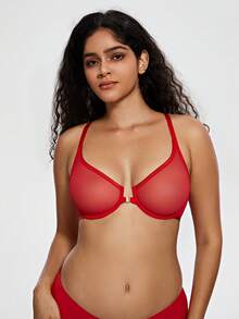 Deyllo Women's Front Closure Deep V Bra, Sheer Unlined Underwire, Lightweight Breathable Racerback, Elegant Everyday Style - Red - View 3