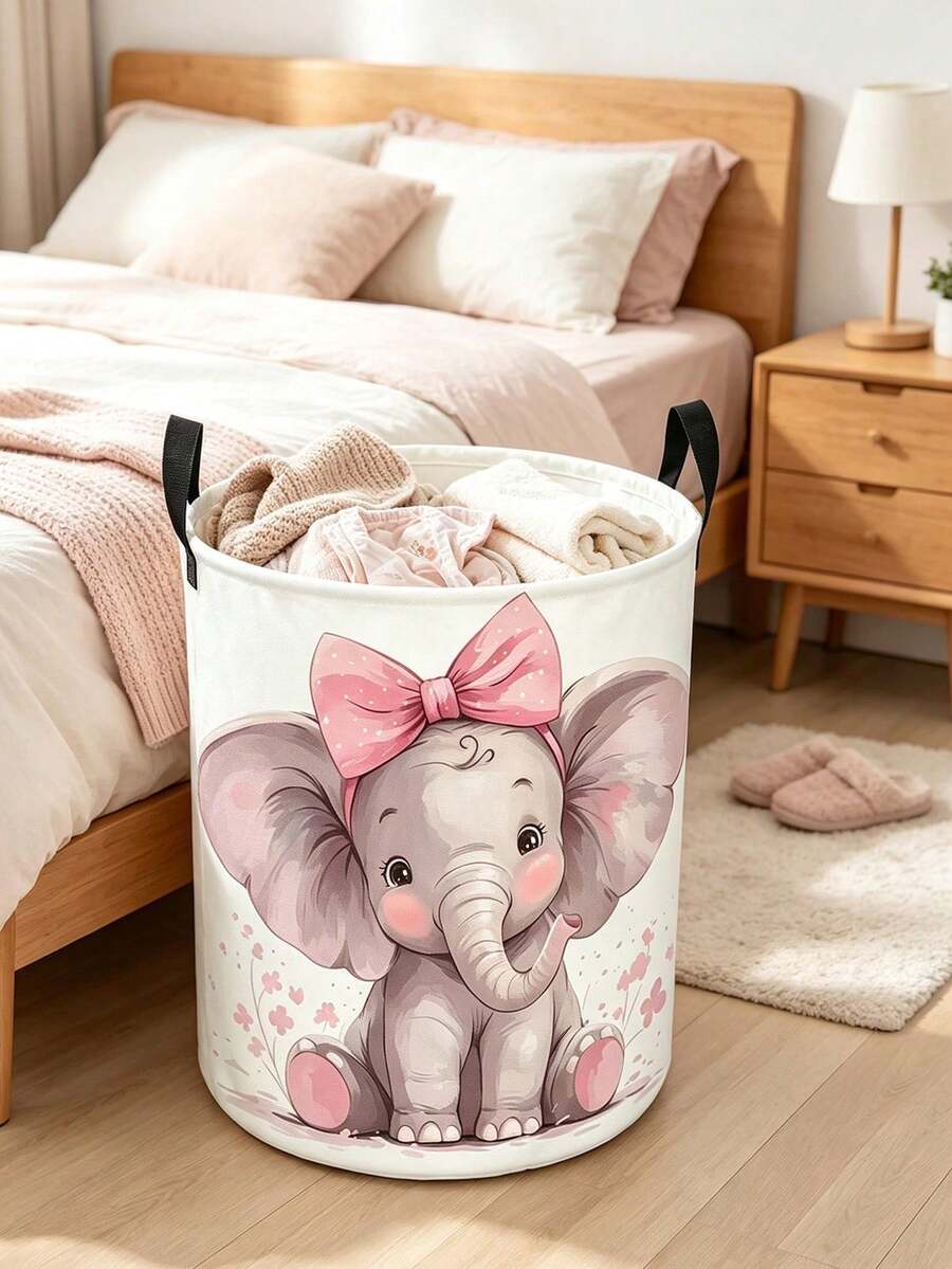 [Cute Elephant Basket] Cute Elephant Laundry Basket,Foldable Round Organizer Box With Sturdy Handle | Pink Bow & Butterfly, Soft Pastel Cartoon Design, Durable Storage Bin For Playroom, Spring Cleaning, Lightweight,For Room ,Bathroom - Multicolor - View 1
