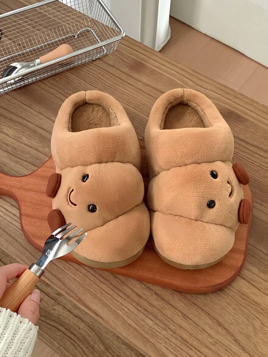 3D Funny Cartoon Horn Design Couple Home Slippers, Unisex Winter Warm Bedroom Slip-On Thick Sole Plush Slippers - Brown - View 1