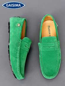 GAISIMA Fashionable Luxury Red Suede Embroidered Metal Buckle Slip-On Loafers, Men's Soft Sole Driving Shoes, Suitable For Spring/Summer Casual Occasions - Green - View 1