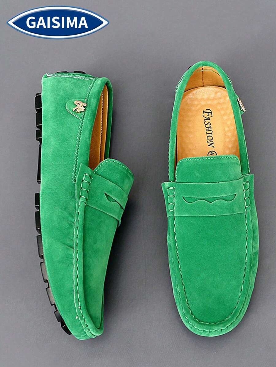 GAISIMA Fashionable Luxury Red Suede Embroidered Metal Buckle Slip-On Loafers, Men's Soft Sole Driving Shoes, Suitable For Spring/Summer Casual Occasions - Green - View 1