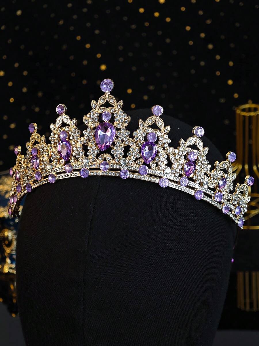 1pc Vintage Baroque Purple Crystal Crown Rhinestone Tiara For Women Bridal Wedding Prom Birthday Party Hair Accessory
