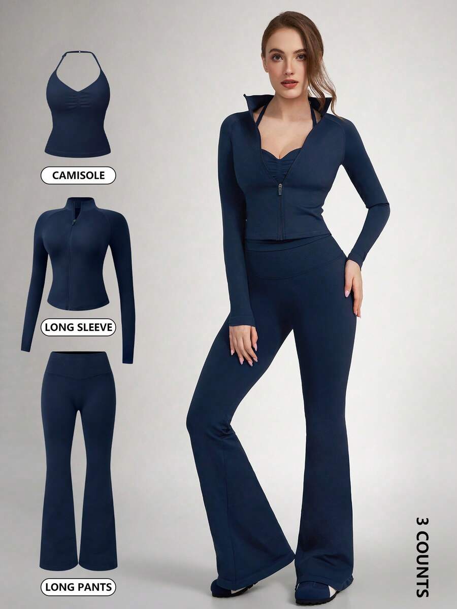 NcmRyu 女款 3 件套秋冬純色掛脖可調肩帶背心立領夾克喇叭褲運動套裝 - 藏蓝色 - 查看 1