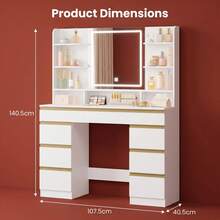 HaluPeit Dressing Table With LED Light, Vanity Desk With 1 Large Drawer And 8 Small Drawer Cabinets, Adjustable Brightness, Large HD Mirror, 9 Open Storage Areas - Platinum - View 2