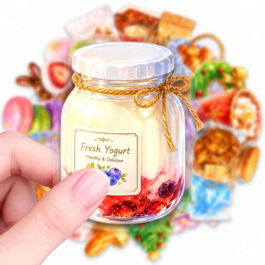 50pcs Dessert Food Watercolor PET Stickers, Suitable For Laptop, Water Bottle, Luggage, Helmet, Notebook And Other DIY Creative Toys - Multicolor - View 1