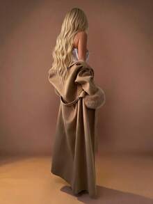 Elegant Fashion Minimalist Casual Versatile Commute Wool Belt Long Sleeve Coat Solid Color Faux Wool Fabric Fine Fur Splicing Women's Jacket Office Date Vacation Women's Winter Clothes,Clothes For New Year,Work Outfits For Women - Brown - View 6