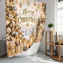 1pc/4pcs Window-Side Golden Tree Lantern Pattern Multifunctional Bathroom Decor Shower Curtain Set, Free 12 Hooks, Premium Holiday Atmosphere, Bathroom Mat, U-Shaped Bath Mat And Round Toilet Mat, Suitable For All Scenes Decoration, Bathroom Set - Windowside Golden Tree Lantern - View 2