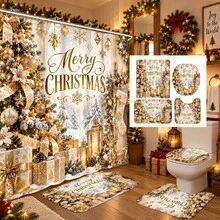 1pc/4pcs Window-Side Golden Tree Lantern Pattern Multifunctional Bathroom Decor Shower Curtain Set, Free 12 Hooks, Premium Holiday Atmosphere, Bathroom Mat, U-Shaped Bath Mat And Round Toilet Mat, Suitable For All Scenes Decoration, Bathroom Set - Windowside Golden Tree Lantern - View 1