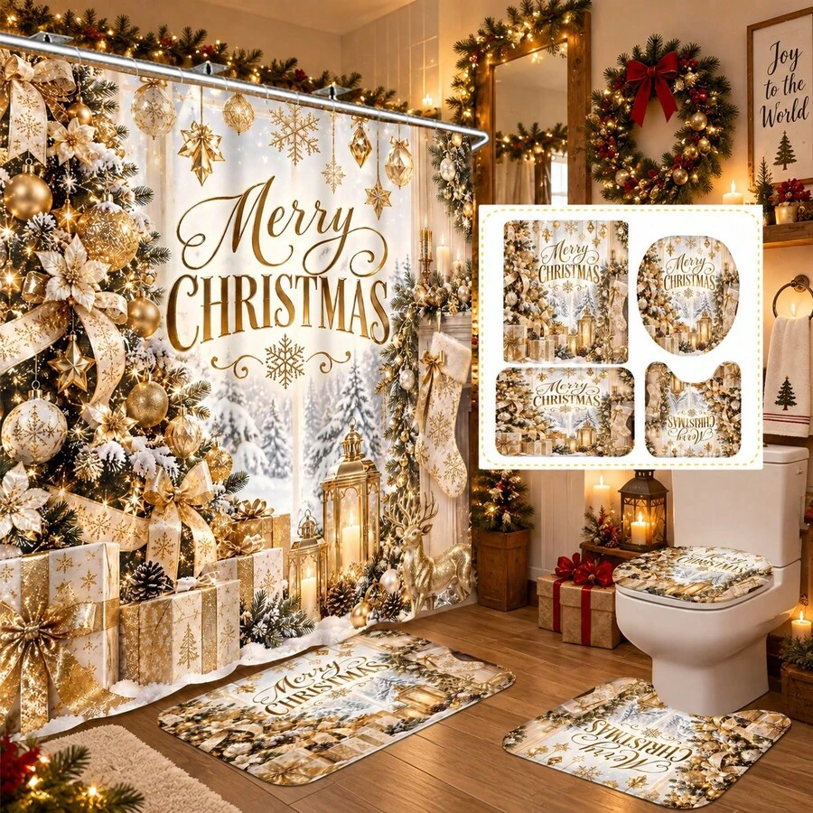 1pc/4pcs Window-Side Golden Tree Lantern Pattern Multifunctional Bathroom Decor Shower Curtain Set, Free 12 Hooks, Premium Holiday Atmosphere, Bathroom Mat, U-Shaped Bath Mat And Round Toilet Mat, Suitable For All Scenes Decoration, Bathroom Set - Windowside Golden Tree Lantern - View 1