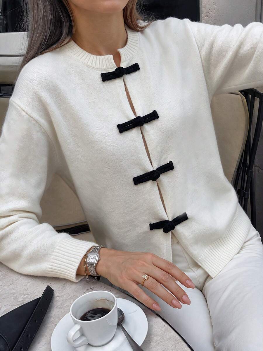 NOVELLE Women Chic White Fall Knit Cardigan, Frog Button Long Sleeve Crew Neck Cropped Sweater Coat, Casual Daily Street Outfit - White - View 1