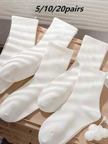 5/10/20pairs Solid Color Pattern Unisex Couple Sports Socks Mid-Calf Socks Spring/Summer Holiday Gift Valentine's Day Women's Socks Gift For Boyfriend - White - View 4