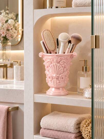 1pc Baroque Shell Toothbrush Holder Makeup Brush Storage Cup, Bathroom Sink Countertop Organizer, Makeup Brush Holder Skincare Tool Storage, Decorative Desktop Cup, Bedroom Vanity Decor, Home Decor Gift, School Desk Accessory, Kitchen Halloween