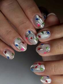 24pcs Round Press On Fake Nails White Fine Shimmer Short Nail Colorful String Lights Print Nails Christmas Nails - Multicolor - View 1