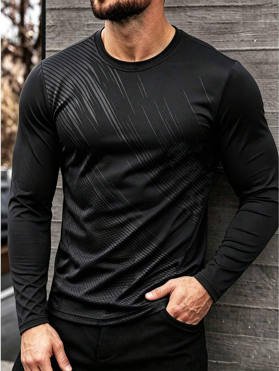 Men's Long Sleeve Crew Neck Sports T-Shirt - Black - View 1