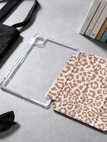 1pc Yellow Coffee Leopard Print Tablet Case Compatible With IPad Mini6/7/10.2/10.5/10.9(Air4-Air8)/Pro 11/10th Gen/A16/Pro 11 2024 Models, Painted Pattern Tablet Case, Fully Transparent Acrylic Back Shell, Silk Texture 8-Fold Stand, Auto Sleep/Wake, Built-In Pen Slot, Pen Not Included, Some Models With Camera Frame - Multicolor - View 4