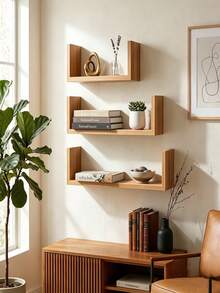 3 PiecesWall Mounted Storage Shelf Set, Multiple Sizes Available, With Stop Rail To Prevent Falling, Wall Hanging Design, Display & Storage Rack For Ornaments And Books In Living Room & Bedroom - A - View 3