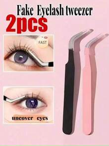 Black Minimalist Eyelash Tweezers, Straight And Angled Tip Design, Two Tip Options, Precision Crafted, Easily Meets Various Needs. Thickened Steel Material, High Hardness, Good Elasticity, Durable. Comes With Protective Cover To Avoid Hand Injury. - Black - View 1