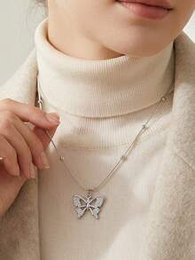 2/1 Pc Fall Decor Layered Butterfly Pendant Necklace Set Double Chain Inlaid Rhinestone Clavicle Necklaces Women Fall Style Jewelry Women - Silver - View 2