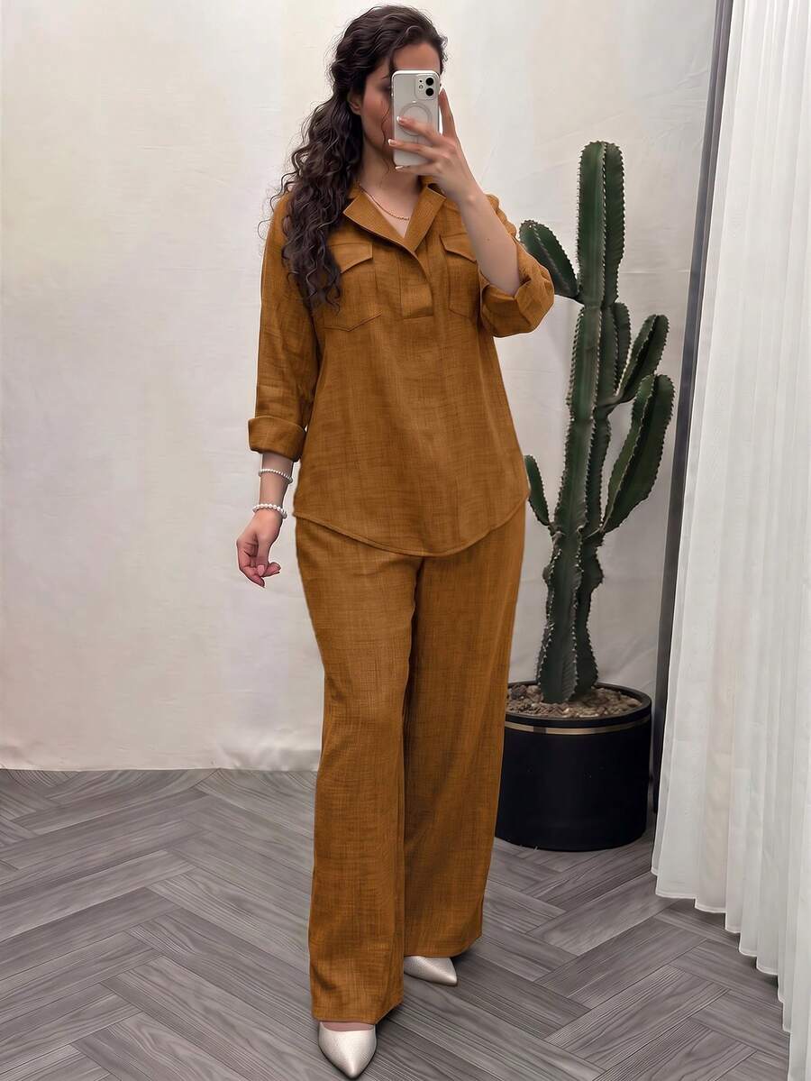 Women's Spring/Autumn Solid Color Casual Pocket Front Button 2-Piece Set, Elegant Outfit For Daily, Commuting, Office And Dating