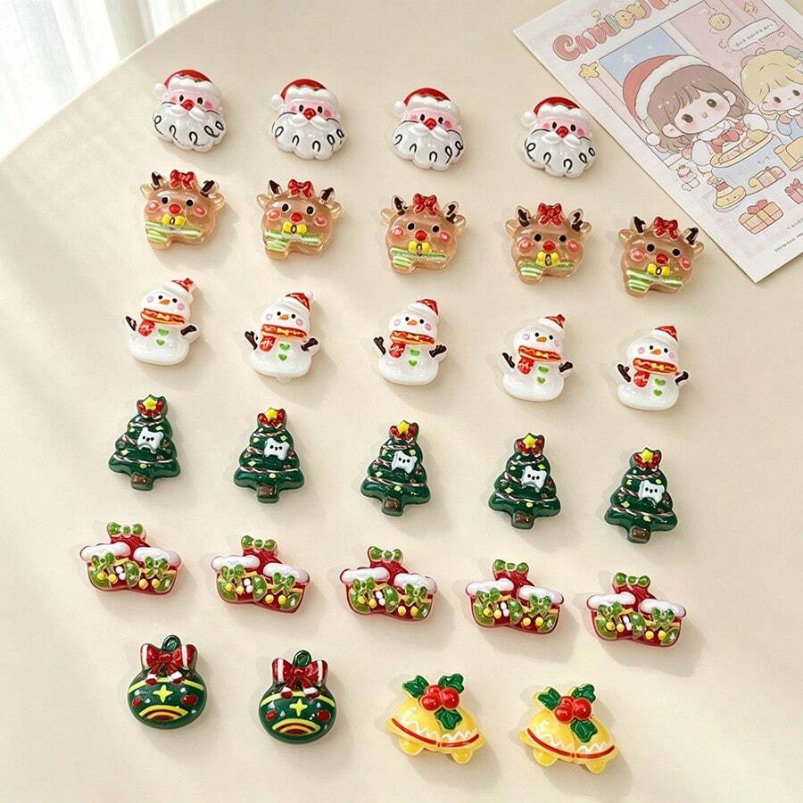 20/50/100pcs Christmas Resin Mini Charms, Santa Claus, Reindeer, Christmas Tree DIY Cream Glue Phone Case Hair Clip Sticker Material - Random Mix - Multicolor - View 1