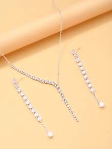 3pcs Tennis Round Diamond Y-Shaped Dangle Jewelry Set, Linear Crystal Lariat Pendant Necklace With Straight Long Dangle Earrings, Women's Minimalist Bridal Wedding Evening Party Sparkling Accessories - Rhinestone - View 9