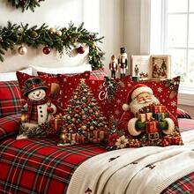 4pcs Red Background Christmas Snowman Reindeer Santa Claus Gift Christmas Tree Print Pattern Pillow Covers, Single-Sided 2D Flat Printing Process, 45x45cm (18x18in), Soft Comfortable Polyester Cushion Covers, Zipper Closure Machine Washable, Suitable For Living Room Bedroom Winter Holiday Home Decor (Pillow Covers Only, Pillow Insert Not Included) - Multicolor - View 7