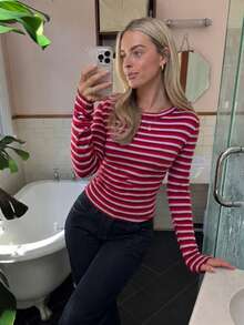 FOR BEAUTY Fall Winter Women Sweaters Elegant Casual Y2K Pink Red Striped Crew Neck Long Sleeve Slim Fit Ribbed Knit Pullover Top Daily Streetwear - Red - View 6