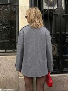 Women's Fashion Grey Tweed Jacket, Double-Breasted Design, Lapel Collar, Dropped Shoulder, Autumn/Winter Essential - Grey - View 7