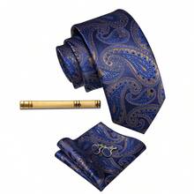 Men's Business Formal Tie 4-Piece Set Blue & Gold Paisley Pattern Handkerchief Cufflinks Gold Tie Clip Matching - Blue - View 2