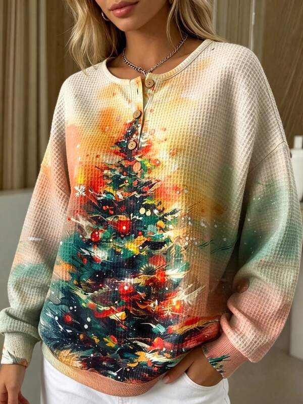 Plus Size Women's Christmas Print Loose Casual Stand Collar Three-Button Crew Neck Sweatshirt