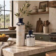 3pcs Blue & Cream Ceramic Decorative Vase Set, Unique Glazed Finish Bottle Vases, Modern European Cottage Decor For Living Room, Bookshelf, Console Table & Home Decoration - 3pcs - View 5