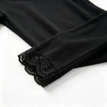 Women's V-Neck Lace Trim Base Layer Top, Spring/Autumn/Winter Thermal Lined Long Sleeve T-Shirt - Black - View 7