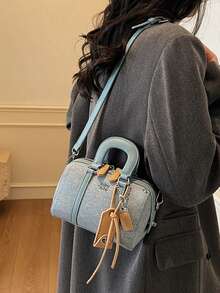 Women Fashionabel Retro Denim‑Print Boston Handbag, Mini PU Spliced Top‑Handle Bag, Chain Decor Crossbody Shoulder Purse With High-End Texture - Multicolor - View 9