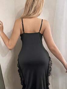 Sexy Deep V-Neck Tank Top Ice Silk Split Maxi Dress With Lingerie Set, Suitable For Valentine's Day Gift, Sexy Sleepwear - Black - View 4