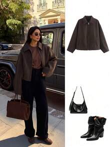 Women's Fashion Minimalist Versatile Commuting Zipper Wool Coat Casual - Dark Grey - View 1