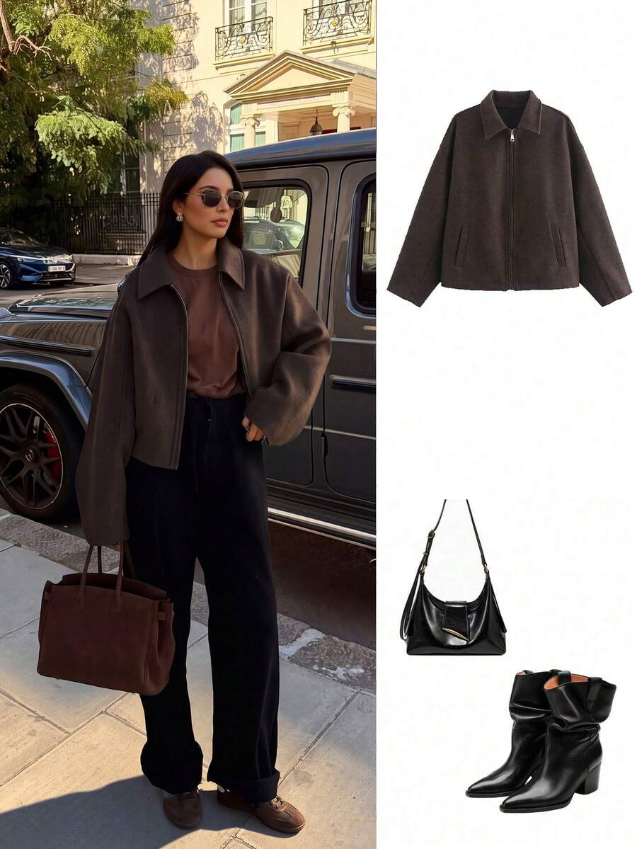 Women's Fashion Minimalist Versatile Commuting Zipper Wool Coat Casual - Dark Grey - View 1