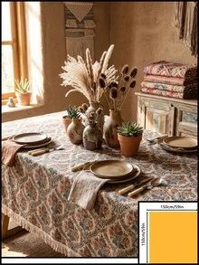 1pc Beige Background Blue Red Green Vintage Paisley Floral Pattern Tablecloth, Retro Bohemian Style Woven Fabric Material, Rectangular Beige Tassel Edge Detail, Stain-Resistant Protective And Decorative Function For Home Dining Table, Suitable For Bohemian Dining Table Decor And Daily Home Scenes - Khaki - View 14