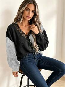 Plus Size Casual Fashion Contrast Color Lace Patchwork V-Neck Long Sleeve Knit Pullover Sweater - Dark Gray - View 4