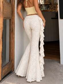 Women's Fall/Winter White Ruffle Trim Tie-Waist Slim-Fit Elegant Trousers - Suitable For Commuting, Halloween/Christmas Festivities, Back-To-School - White - View 2