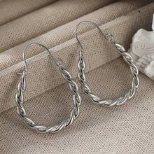 Minimalist Silver Twisted Rope Texture Oval Earrings For Women - Silver - View 7