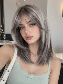 16 Inch Women's Short Burgundy/Gradient Gray Layered Clavicle Length Wig, Natural Straight Look Heat-Resistant Fiber, Breathable Rose Net Cap, Suitable For Daily Wear, Commuting, Party, Date, Fashion Head Accessory - Multicolor - View 7